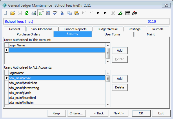 General Ledger Maintenance - Security tab