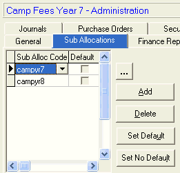 General Ledger Maintenance - Sub Allocations tab (cut down)