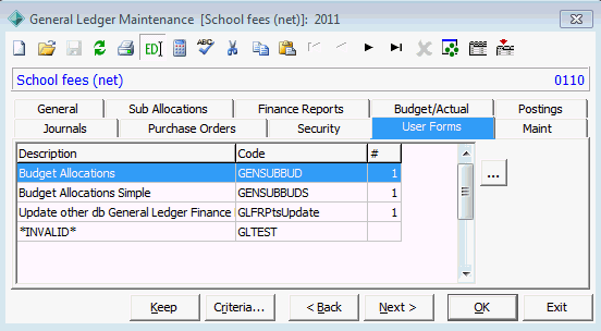 General Ledger Maintenance - User Forms tab