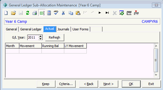 General Ledger Sub-Allocation Maintenance - Actual tab