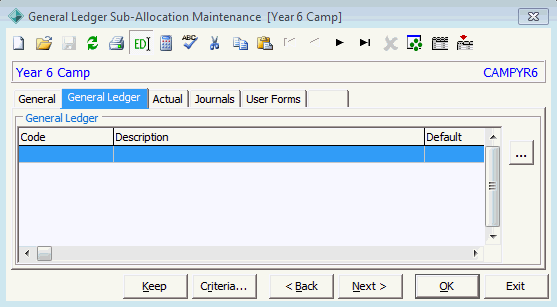General Ledger Sub-Allocation Maintenance - General Ledger tab (100%)