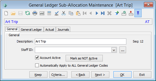 General Ledger Sub-Allocation Maintenance - General tab