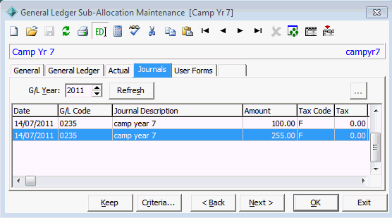 General Ledger Sub-Allocation Maintenance - Journals tab
