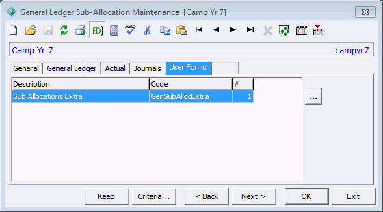 General Ledger Sub-Allocation Maintenance - User Forms tab