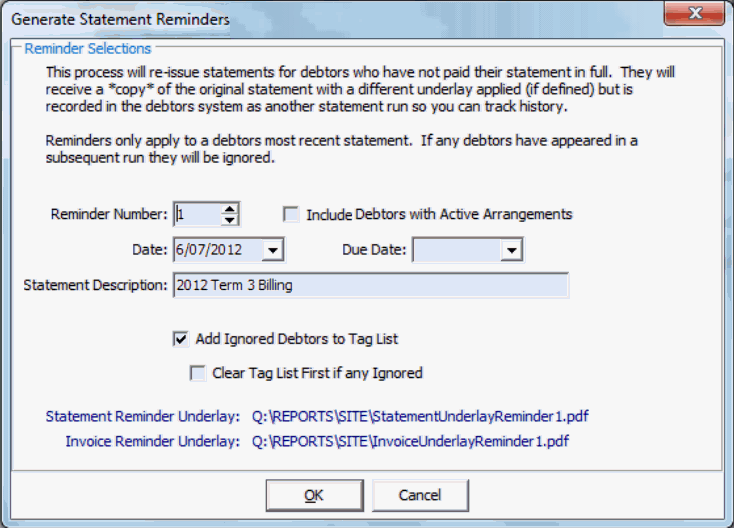Generate Statement Reminders window
