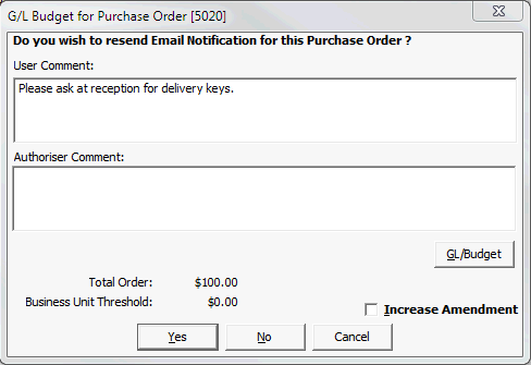 GL Budget for Purchase Order window (populated example)