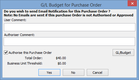 GL Budget for Purchase Order window