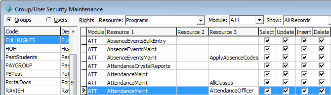 Group Security Maintenance (Attendance Officer resource)