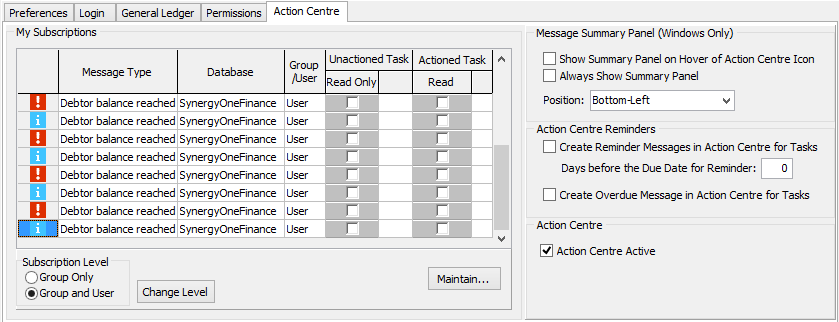 Group Security Maintenance - Users view - Action Centre tab (tab only)