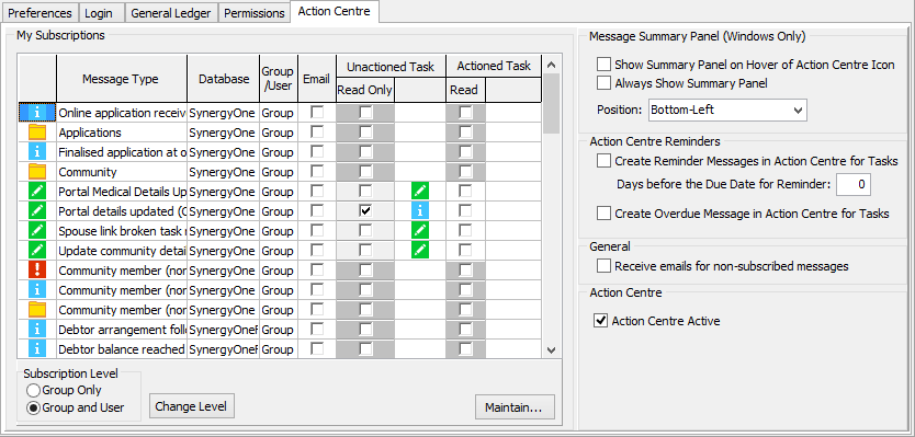 Group Security Maintenance - Users view - Action Centre tab (tab only, cut down)
