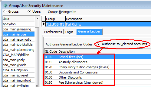 Group Security Maintenance - Users view - General Ledger tab (cut down)