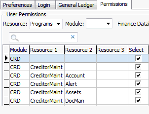 Group Security Maintenance - Users view - Permissions tab (cut down)