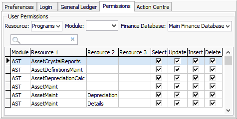 Group Security Maintenance - Users view - Permissions tab (tab only, cut down)