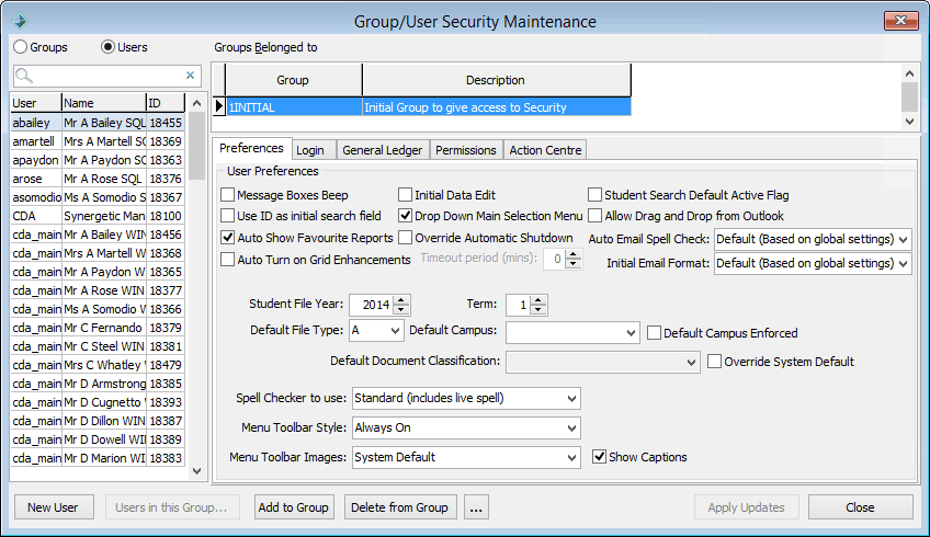 Group Security Maintenance window - Users view (cut down)