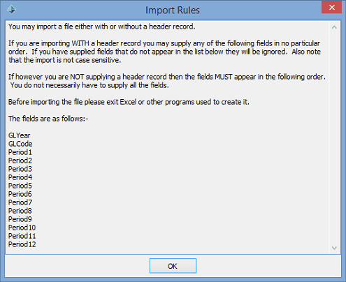 Import Budget rules window