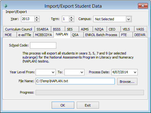 Import/Export Student Data - NAPLAN tab