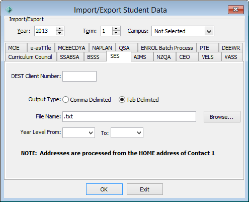 Import/Export Student Data - SES tab