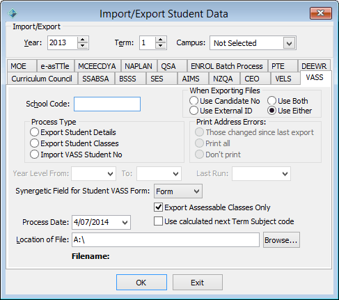 Import/Export Student Data - VASS tab (Vic)