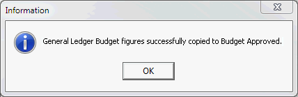 Information - General Ledger Budget figures successfully copied to Budget Approved