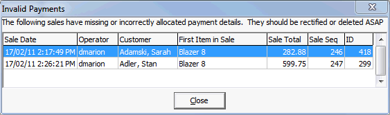 Invalid Payments window