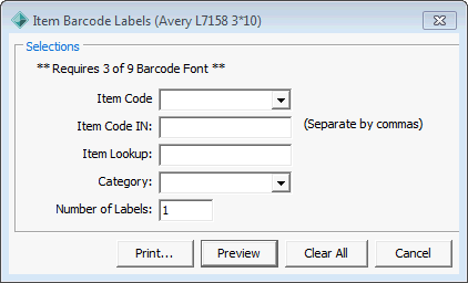 Item Barcode Labels (report selections)