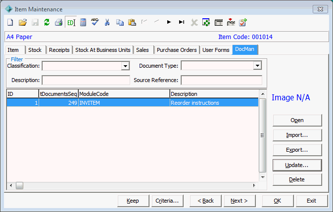 Item Maintenance - DocMan tab