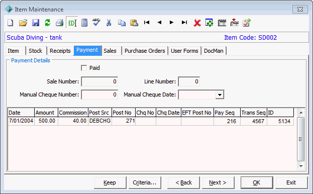 Item Maintenance - Payment tab
