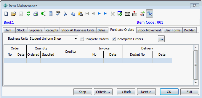 Item Maintenance - Purchase Orders tab
