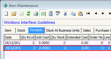 Item Maintenance - Receipts tab (stocktake receipt)