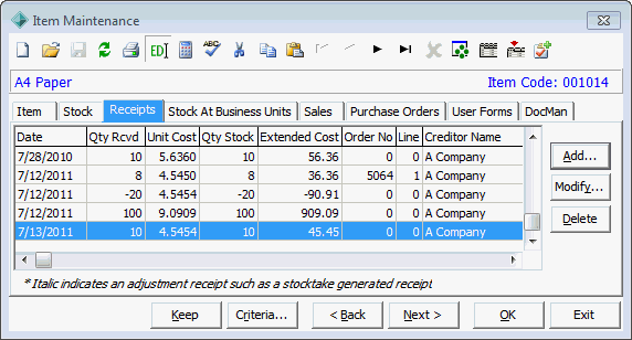 Item Maintenance - Receipts tab