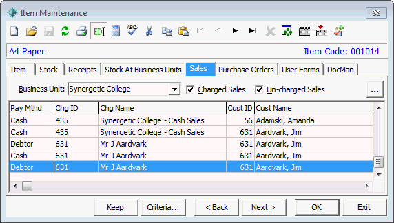 Item Maintenance - Sales tab