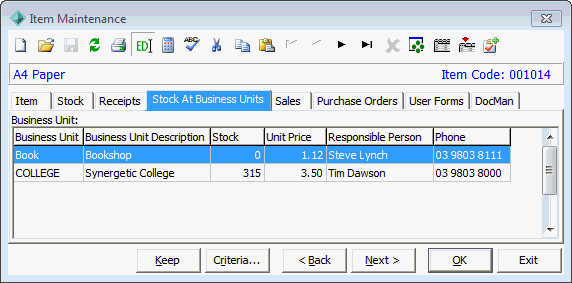 Item Maintenance - Stock at Business Units tab