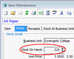 Item Maintenance - Stock tab (highlighted positive Stock On Hand field)