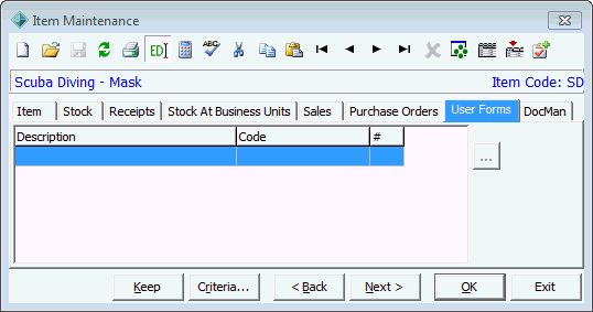 Item Maintenance - User Forms tab