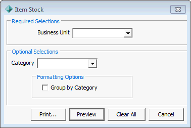 Item Stock (report selections)