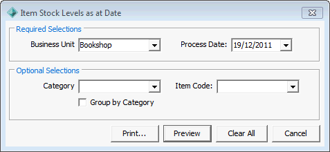 Item Stock Levels as at Date (report selections)
