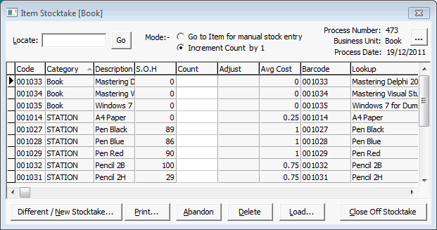 Item Stocktake window