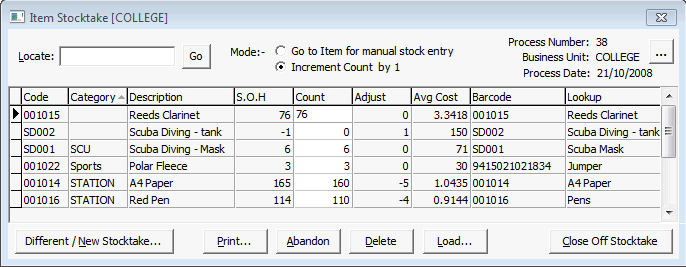 Item Stocktake (restored stocktake example)