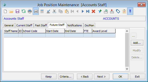 Job Position Maintenance - Future Staff tab