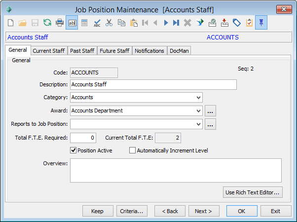 Job Position Maintenance - General tab