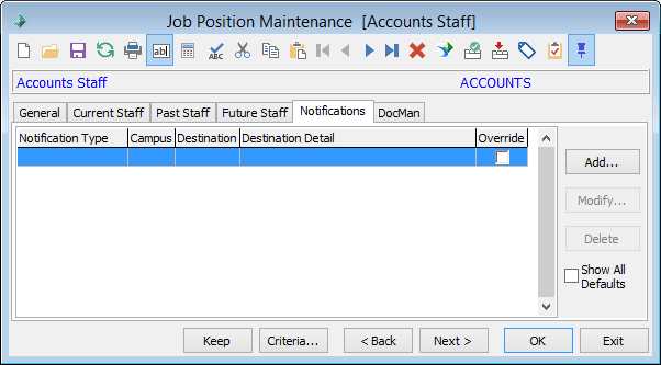 Job Position Maintenance - Notifications tab