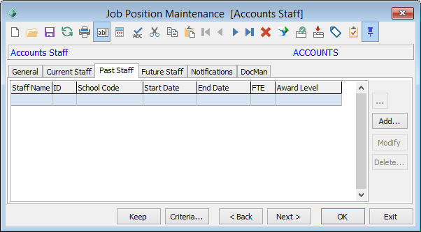 Job Position Maintenance - Past Staff tab