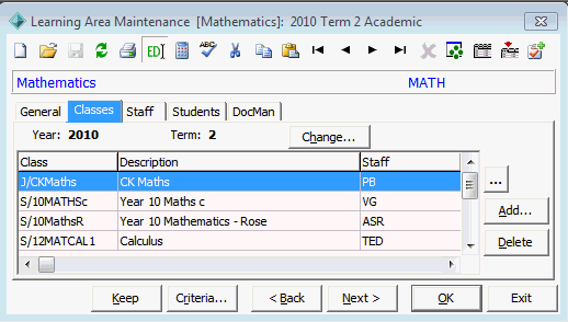Learning Area Maintenance - Classes tab