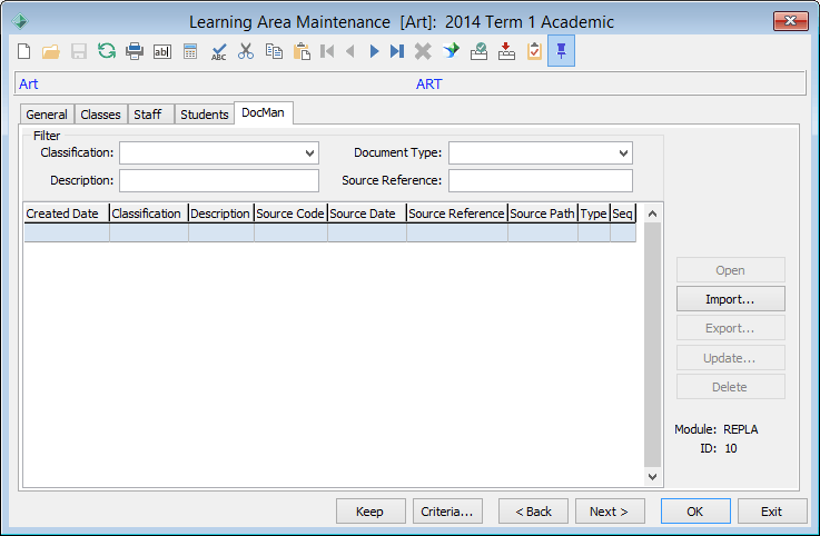 Learning Area Maintenance - DocMan tab