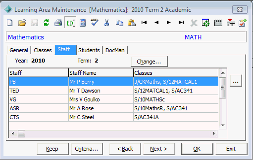 Learning Area Maintenance - Staff tab