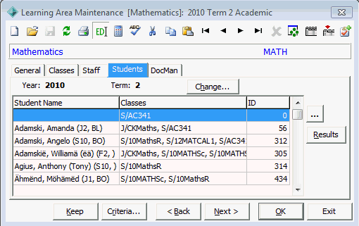 Learning Area Maintenance - Students tab