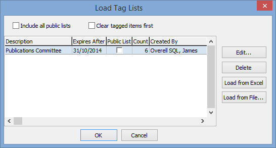 Load Tag Lists window