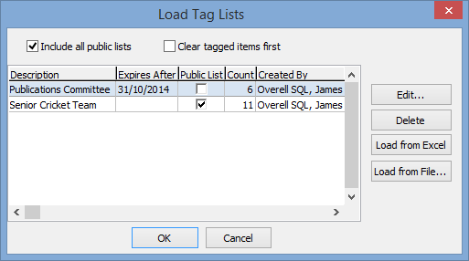 Load Tag Lists window