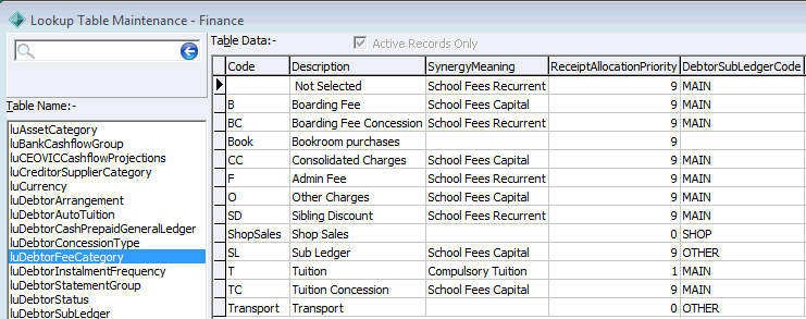 Lookup Table Maintenance - luDebtorFeeCategory