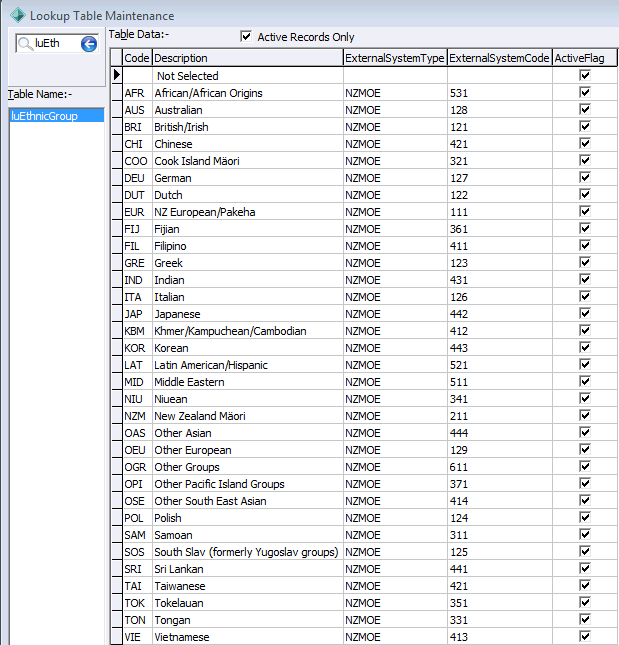lookup table maintenance - luEthnicGroup